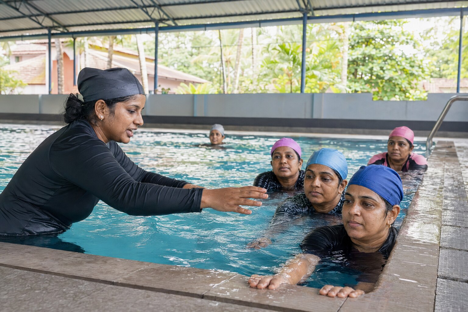 Illustrative scene of adult women receiving supervised beginner swimming instruction